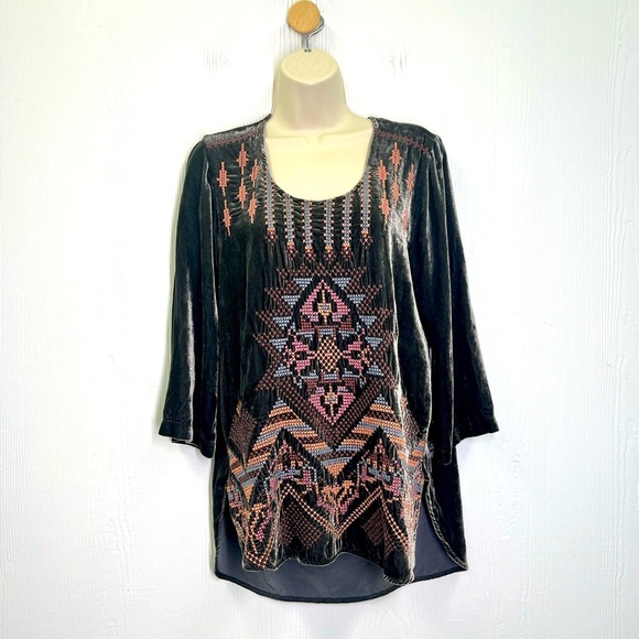 Johnny Was - Colorful Grey Crushed Velvet Scoop Long Sleeve Blouse Small - Picture 1 of 11